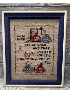 Vintage Framed Needlepoint Sampler Kitchen Tea Old Fashioned Wall Decor
